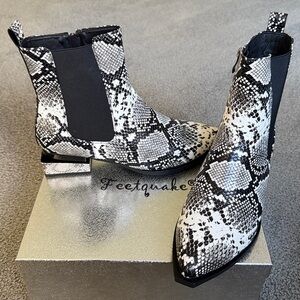 Snake Skin Booties. Square Chunky Heel. Black/White Snake PU Leather. Size 10